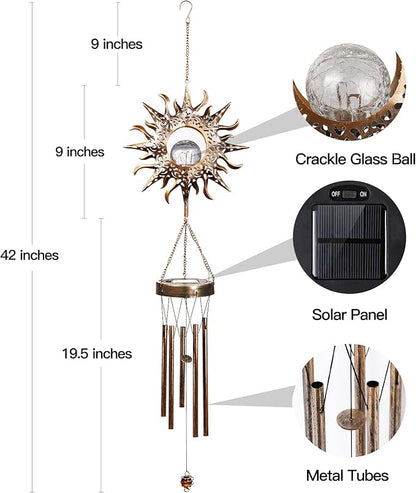 DesGully Solar Wind Chimes, Sun Wind Chime Outdoor Clearance w/Glowing Crackle Glass LED Unique Wind Bells for Outside Waterproof Chimes, Gifts for Her/Him (42" Long Metal Chimes)…