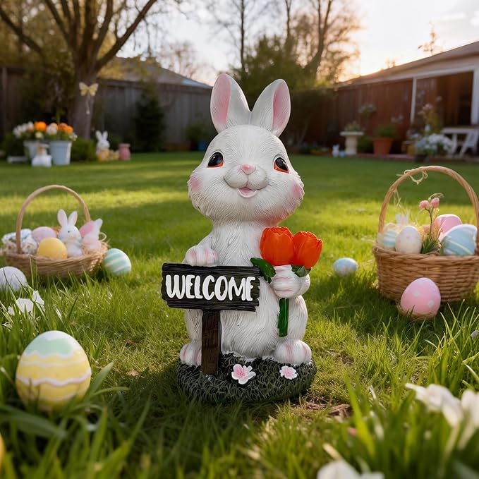 BeePeep Solar Easter Rabbit Garden Statue with LED Lights - Waterproof Resin Bunny Figurine Outdoor Decor for Yard, Patio & Lawn - Unique Hand-Painted Birthday, for Mom & Grandma (9 Inch)
