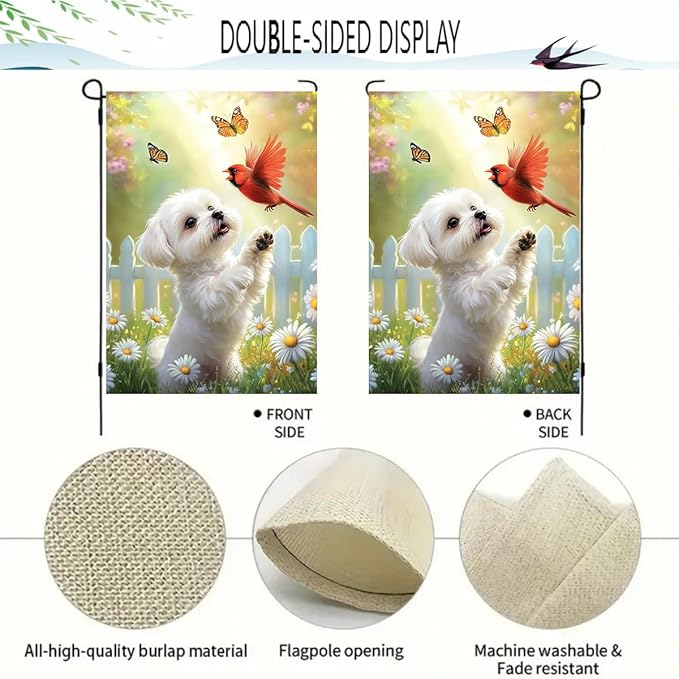 Spring Summer Maltese Dog Garden Flags 12x18 Double Sided, Small Burlap Seasonal Cardinal Floral Garden Flag Spring Summer Outdoor Yard Decorations for Outside Lawn Decor