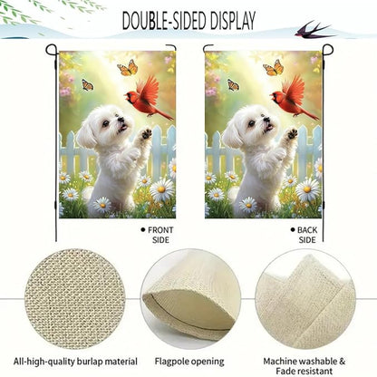 Spring Summer Maltese Dog Garden Flags 12x18 Double Sided, Small Burlap Seasonal Cardinal Floral Garden Flag Spring Summer Outdoor Yard Decorations for Outside Lawn Decor