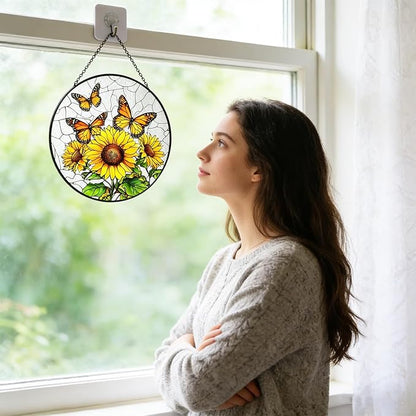 Sunflower Hanging Stained Glass for Windows, Sunflower Sun Catchers Indoor Window Glass Round Wall Decor Mother's Day, Valentine's Day Ornaments Festival Gift 7.87"