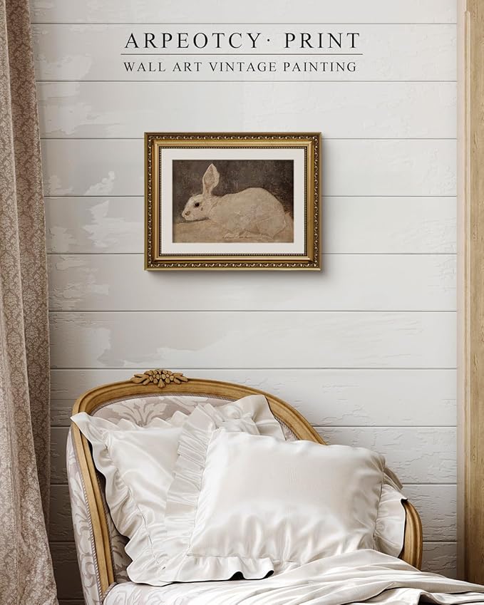 ARPEOTCY Vintage Gold Framed Wall Art, Easter White Rabbit Bunny Paintings, Nursery Wall Decor, Canvas Prints Artwork with Frame, Wall Decor for Kids Room Bathroom Bedroom 11x14 inch
