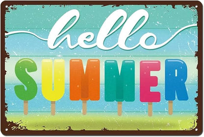 Hello Summer Door Sign Farmhouse Summer Decor Vintage Metal Sign for Home Wall Front Door Decorations 8x12 Inches