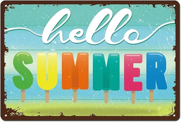 Hello Summer Door Sign Farmhouse Summer Decor Vintage Metal Sign for Home Wall Front Door Decorations 8x12 Inches