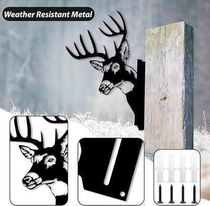Peeping Metal Deer Decor - Black Deer Yard Art for Outdoor Tree, Fence, or Farmhouse Wall, 11.4" x 9.37" Weatherproof Metal Animal Silhouette (Screws Included)