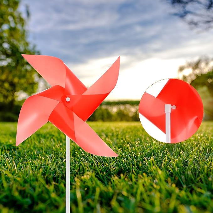 HARFINGTON 50pcs Windmills for The Yard Garden 15" x 7.5" 4 Leaves Pinwheels Wind Mills Spinners Windproof Waterproof Bird Devices with Stakes for Patio Decor, Red