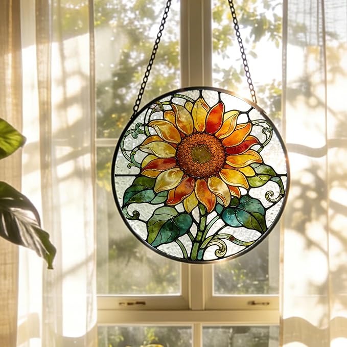 Sunflower Stained Glass Window Hanging, Cottagecore Sunflower Floral Botanical Suncatcher Indoor Window Glass Round Wall Art Decor, 7.9x7.9 Inch