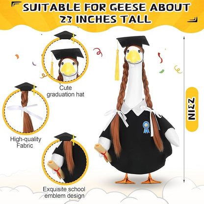 Abbylike Graduation Porch Goose Outfits Graduation Cap with Gold Tassel and Wig Yard Goose Costume Clothes Fits Large 23'' Cement for Garden Yard Statue Lawn Pathway Decorations