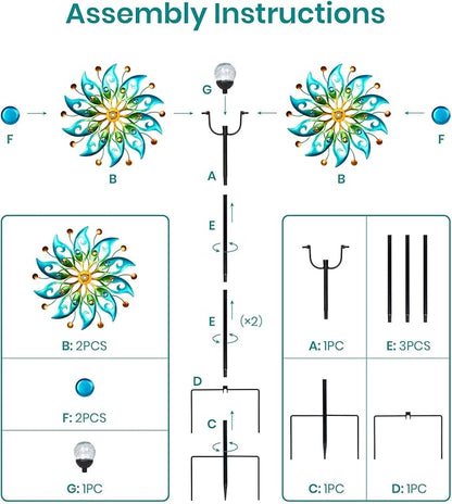 Solar Wind Spinners Outdoor – H63xW13 Metal Kinetic Garden Spinner with Crackle Glass Ball & Built-in Solar Panel – Peacock-Style Yard Wind Sculpture with LED Light