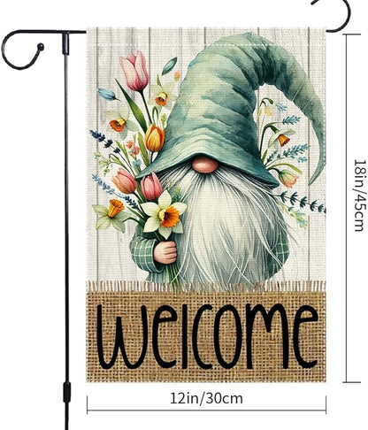 Welcome Spring Garden Flag 12x18 inch Burlap Double Sided Gnome Colorful Floral Small Summer Garden Flags Decorations For Outside Yard Home Outdoor Patio Lawn Decor