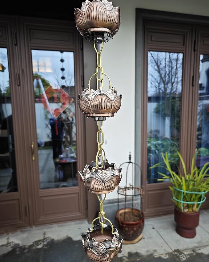 Lotus Rain Chain Cups for Outside, 5 Cups per Meter, Decorative Gutter Downspout Diverter Rain Catcher, Copper Exquisite Rain Chimes Easy Hanging,2.8m (9.2ft)