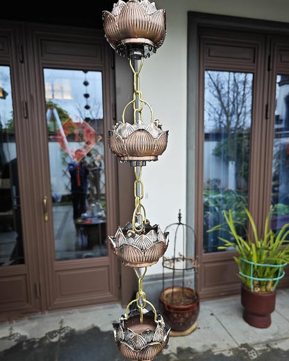 Lotus Rain Chain Cups for Outside, 5 Cups per Meter, Decorative Gutter Downspout Diverter Rain Catcher, Copper Exquisite Rain Chimes Easy Hanging,2m (6.6ft)