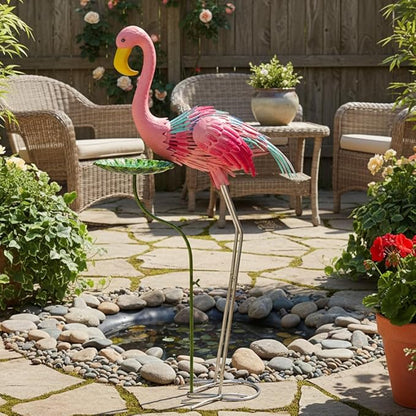 Large Flamingo Garden Statue, Metal Pink Flamingo Outoor Statue with Leaf Tray, Lawn Flamingos Ornaments Bird Art Yard Decor for Garden, Backyard, Present for Woman(38.58 Inch Tall)