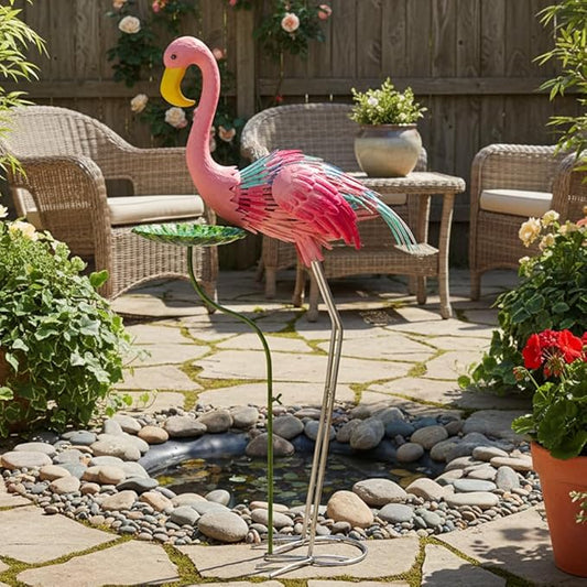 Large Flamingo Garden Statue, Metal Pink Flamingo Outoor Statue with Leaf Tray, Lawn Flamingos Ornaments Bird Art Yard Decor for Garden, Backyard, Present for Woman(38.58 Inch Tall)
