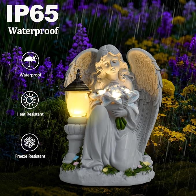 Solar Angel Garden Statue Outdoor, Praying Angel Statues Solar Figurine Lights Outdoor Waterproof, Resin Angel Sculpture for Garden Yard Lawn Grave Cemetery Decor, Gift for Mom Grandma Women (Bouquet)