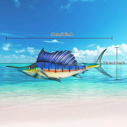 LIFFY Metal Fish Wall Art,36" Large Sailfish Wall Decor with Led Lights,Indoor Outdoor Mounted Tropical Swordfish Hanging Decorations for Home Living Room Bedroom Garden Patio