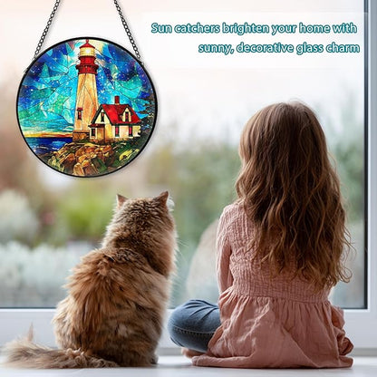 Lighthouse Stained Glass Window Hanging, Suncatcher Diamond Glass Panel Hangings, Suncatchers Indoor Windows Wall Art Decor, Gift for Mom Grandma, Christmas Decor for Home Office Garden 7.87 inches