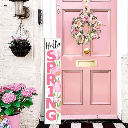 Hello Spring Porch Sign Tulip Wooden Welcome Sign Vertical Spring Hanging Signs For Standing Front Porch Decor Rustic Wall Decor Home Farmhouse Yard Door Spring Decorations 47.2"H