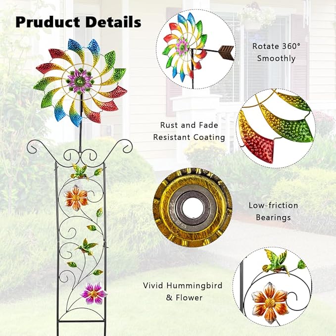 DREAMYSOUL Wind Spinner Outdoor, Colorful Wind Sculpture & Spinner, Weathervane with Decorative Trellis for Climbing Plants, Kinetic Wind Spinners for Yard