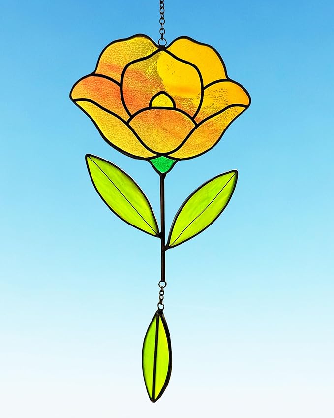 Flower Suncatchers, Stained Glass Window Hangings, Garden Suncatchers for Window and Wall Decor (B-Yellow)