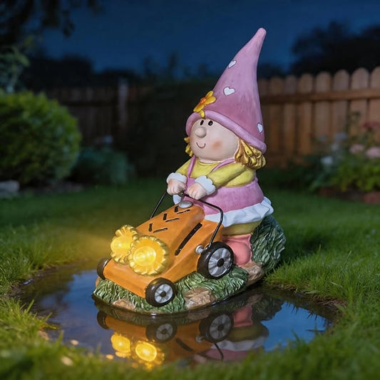 Solar Gnomes Decorations for Fairy Garden Accessories, Fairies Gnome Riding Lawn Mower Figurines for Proch Yard Lawn Outdoor Decor, Mother's Day Unique Gifts for Women