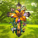 Floral Cross Acrylic Suncatcher Stained Glass Effect Window Car Hanging Christmas Ornament Indoor Outdoor Decor Garden Memorial Sun Catcher for Family Christmas Jesus Gift for Women Mom Grandma