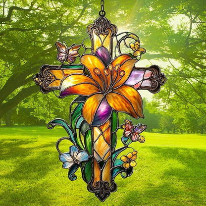Floral Cross Acrylic Suncatcher Stained Glass Effect Window Car Hanging Christmas Ornament Indoor Outdoor Decor Garden Memorial Sun Catcher for Family Christmas Jesus Gift for Women Mom Grandma