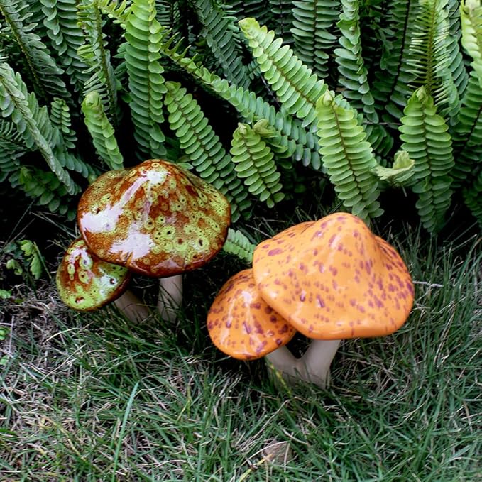 Ceramic Mushroom Outdoor Decor - 2pcs Mushroom Statue Decor for Garden, Lawn, Flower Pot Fairy Garden Stake 8.27'' in Height