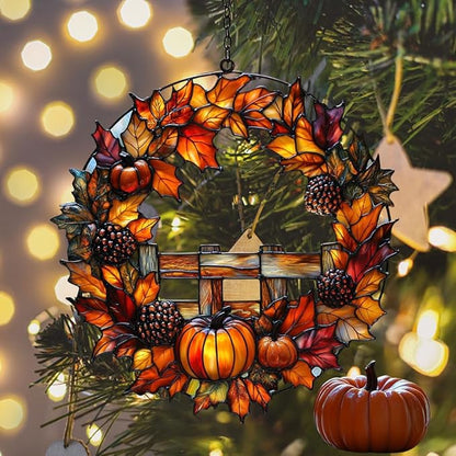 Fall Floral Wreath Acrylic Suncatcher Stained Glass Effect Window Car Hanging Christmas Ornament Indoor Outdoor Decor Garden Sun Catcher Panel for Acrylic Suncatcher Lover for Women Mom Grandma