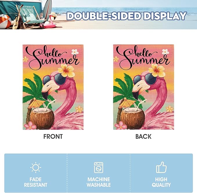 AVOIN colorlife Hello Summer Flamingo House Flag 28x40 Inch Double Sided Outside, Coastal Seasonal Yard Outdoor Flag