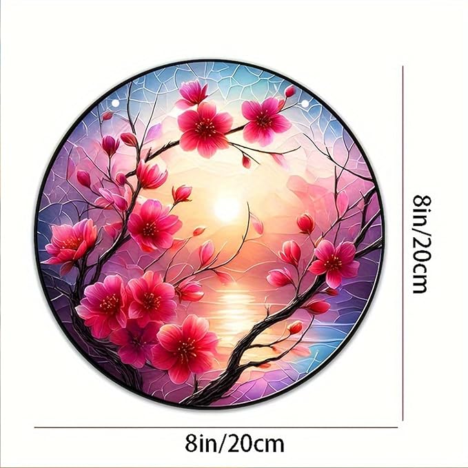 Banax Stained Glass Window Hanging Sunrise Suncatcher, 8 Inch Round Plum Blossom Glass Sun Catcher for Window Wall Art for Home, Patio, Porch, Outdoor Garden Décor Gift