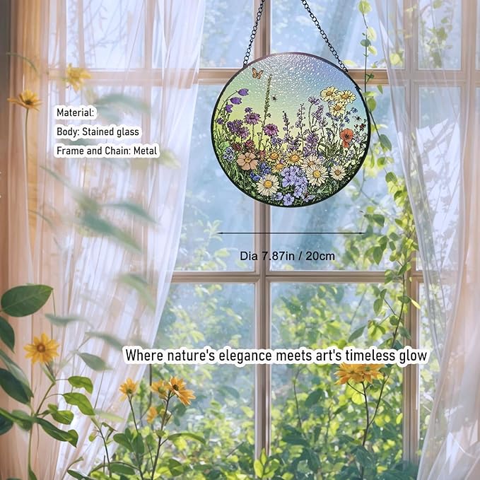 Stained Glass Window Hanging Suncatcher - 20cm Wildflower Meadow Sun Catchers for Windows Doors Home Decor - Nana Grandma Women Gifts for Mother's Day Birthday