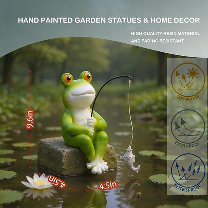 Elenon Funny Frog with Fishing Pole Garden Decorative, 9" Adorable Flower Bed Decor Frog Statue, Yard Patio Art Decor Sculptures Table Ornament