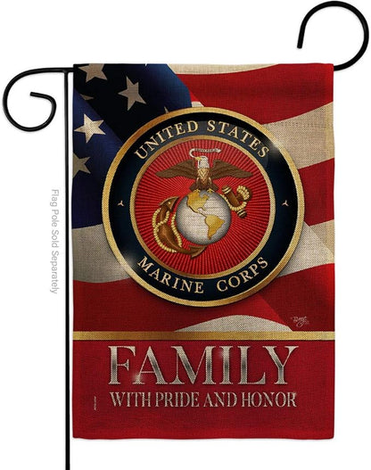 US Marine Family Honor Burlap Garden Flag - Armed Forces Corps USMC Semper Fi United State American Military Veteran Retire Official - House Banner Small Yard Gift Double-Sided 13 X 18.5