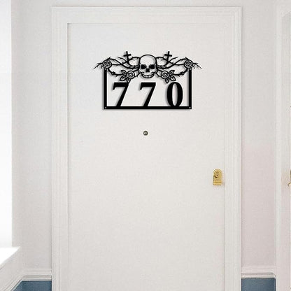 Personalized Gothic House Number metal Signs,Custom Address Number Metal Wall Art Decor,Black Plaques Outdoor wall Decorative Signage,Shed(8-30 Inches) (Rose Skull)