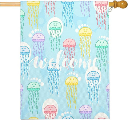 Mugod Jellyfish House Flag 28x40 Inch Double Sided Outside, Welcome Summer Sea Ocean Party Holiday Burlap Yard Garden Outdoor Decoration