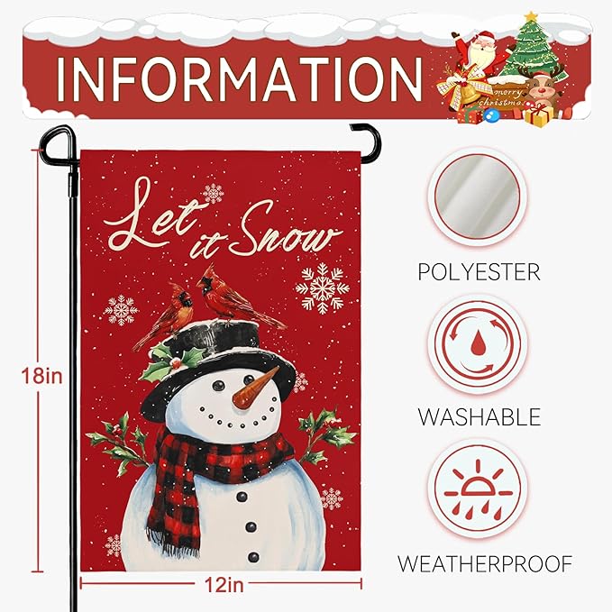 Christmas Snow Snowman Garden Flag Winter Snowflake Yard Flag 12x18 Inch Double Sided Red Cardinal Birds House Banner Merry Xmas Poinsettia Happy Holiday Wall Banners Farmhouse Outdoor Decor