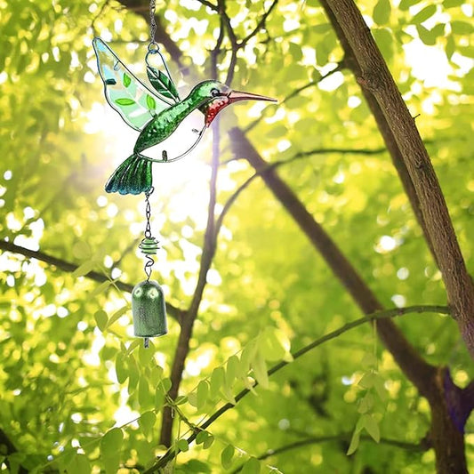 Hummingbird Decor with Bell, Hummingbird Wind Chimes, Hanging Bell Decorations for Yard, Garden, Home and Outdoor, Gift for Mom (Green)