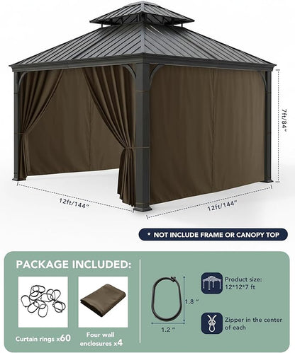 Gazebo Curtains Outdoor Waterproof - 12'Wx12'Lx7.9'H Windproof Patio Pergola Outside Sidewall Drapes with Zipper, 4 Panels Gazebo Universal Replacement Privacy Curtains, Brown