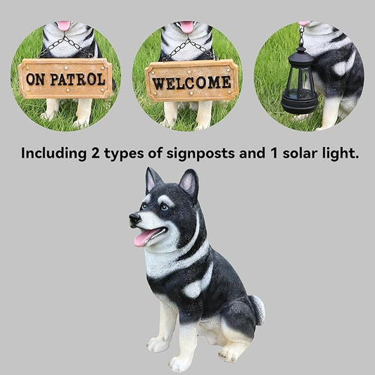 Outdoor Akita Inu Dog Statue with Interchangeable Welcome Sign and Detachable Solar Lantern –LED Light Garden Dog Sculpture Décor, Cute Puppy Design for Yard, Porch, Gift