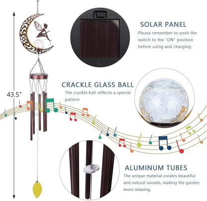 Taman Wind Chime - 43.5" Fairy Solar Wind Chimes Valentine's Day Gift for Outside Crackle Glass Ball Decorative Memorial Gift, Aluminum Tubes for Home, Outdoor, Yard, Patio,Garden Decor
