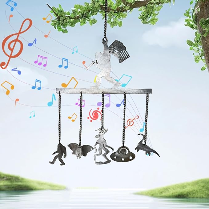 Bigfoot WindChimes Sasquatch Wind Chime Decor, Metal Big Foots Wind Catcher Wall Window Hanging Ornament with 5 Chimes, Outside Indoors Home Lawn Porch Patio Garden Yard Decoration