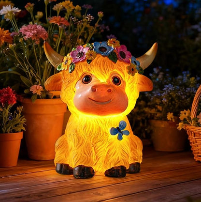 Solar Garden Decor Highland Cow with Flowers Statues Outdoor, Outdoor Figurine Statue Lights, Outdoor Garden Yard Lawn Patio Decoration, Unique House warming Birthday Present for Women Family