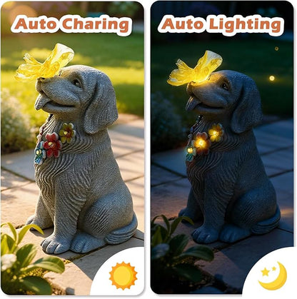 Dog Garden Statue with Solar Butterfly Light - Adorable Labrador Figurine with Flower Garland - Outdoor Decor for Patio & Pet Memorial Gift - Christmas Housewarming Birthday Gifts for Grandma Mom