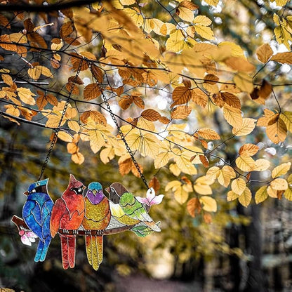 Stained Glass Window Hanging - Double-Sided 4 Birds on Branch Suncatcher, Vibrant Multicolor Glass Panel Art for Windows, Home Wall Decor, Indoor Outdoor Hanging Ornament for Bird Enthusiasts