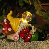 Garden Gnome Statue Outdoor Decor, Funny Gnome Figurine Lying on Mushroom with Crackle Globe Lights, Waterproof Resin Sculptures Lawn Ornament Tabletop Decorations for Porch Yard Decor