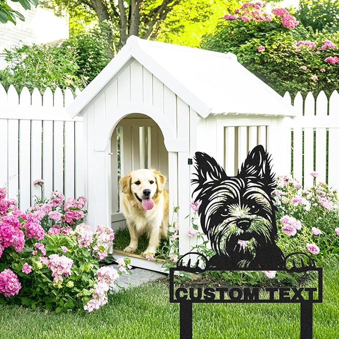 Custom Yorkshire Terrier Yard Sign with Stakes, Personalized Metal Garden Stake Lawn Sign with Dog Sculpture Animal Plaque, Customized Dog House Decor Garden Sign for Outdoor Lawn Backyard