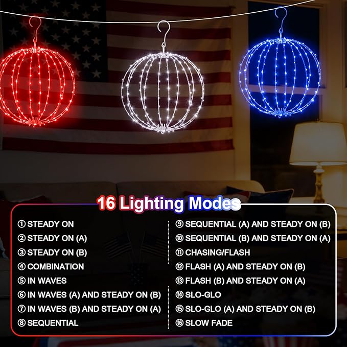 12 Inch 3PK Patriotic Light Ball, Red White Blue Foldable Metal Sphere Lights with 180 LED 16 Modes & Timer, Hanging Globe Lights for 4th of July, Memorial Day & Independence Day Outdoor Holiday Decor