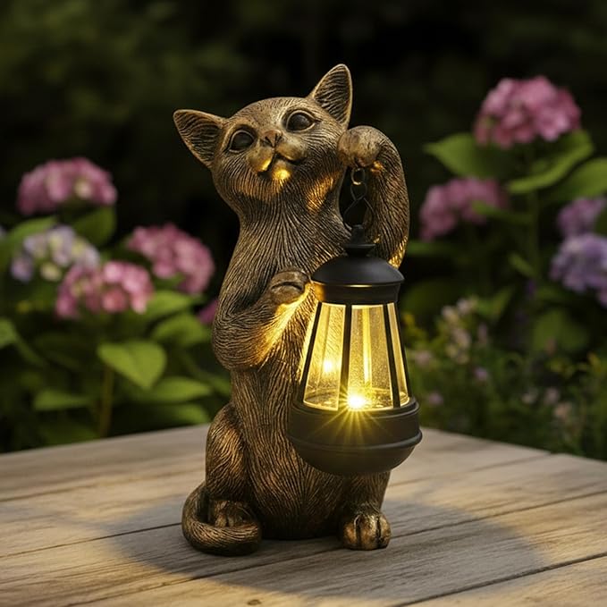 HONGLAND Cat Outdoor Statues Garden Decor, Cat Figurines Solar Lantern Lights, Birthday Gifts for Mom, Front Patio Balcony Yard Art Lawn Ornaments Porch Outdoor Decorations