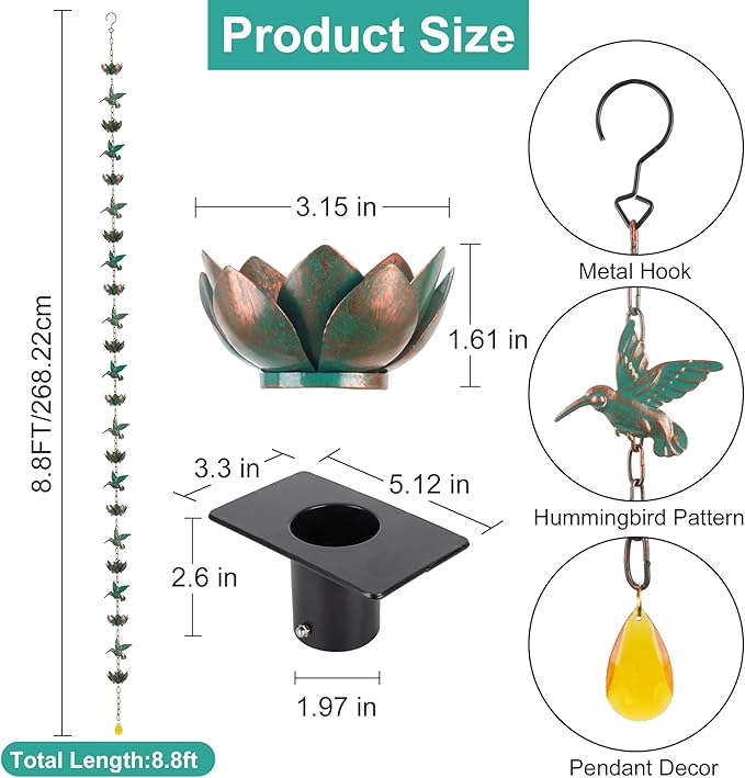 shumi 8.8ft Rain Chain for Gutters Downspouts Outside, 11 Hummingbird Cups with 12 Copper Lotus Rain Chain Cups,Functional and Decorative Replacement for Gutter Downspouts